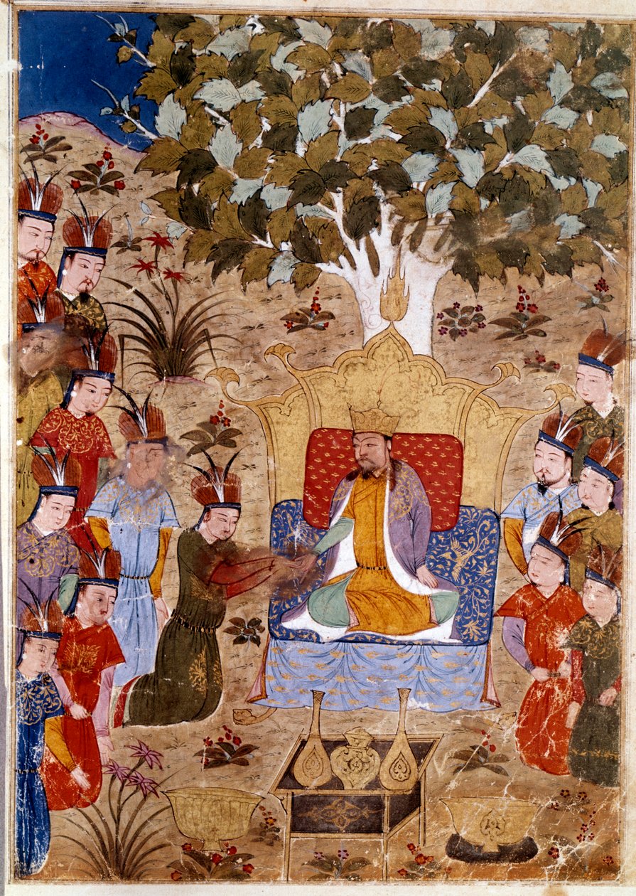 Representation of Chaghtai Khan (1227-1242) on his throne, he is the son of Genghis Khan on horseback. Persian miniature taken from Jami al-Tawarikh (Universal History) by historian Rashid al-din (1247-1318) Around 1430 by Persian School
