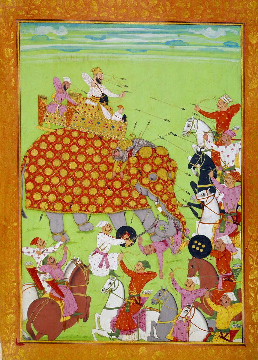 Representation of Murad Baksh Fighting on an Elephant by Persian School