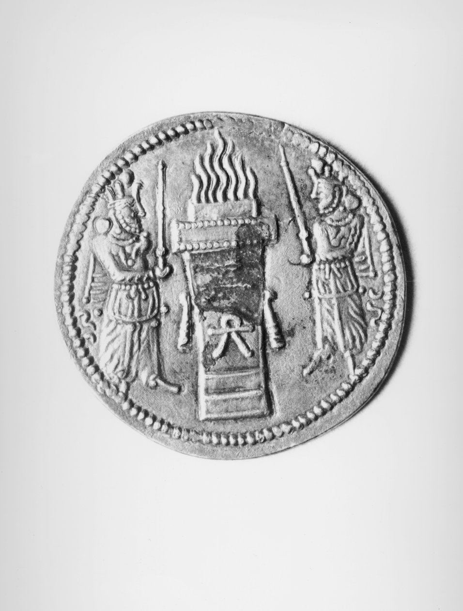 Reverse of a coin of Shapur II depicting a sacrificial fire altar, Sassanian by Persian School