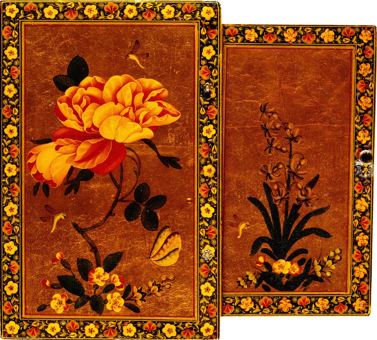 The Front and Back of a Mirror Case Painted with a Hyacinth and a Rose Respectively by Persian School