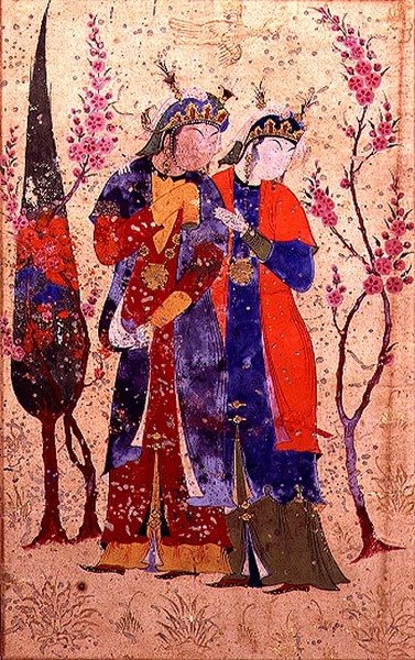 Two princesses in a garden landscape, from the Tohfat Al-Ahrar, Bokhara School by Persian School