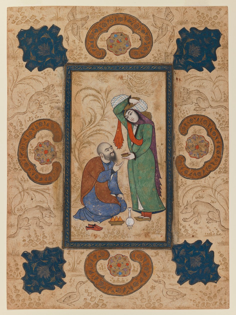 Young woman offering wine to a sage by Persian School