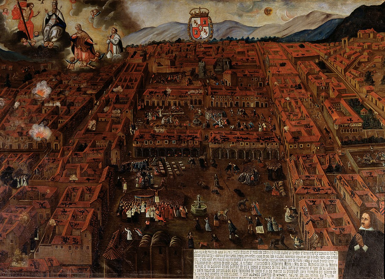 View of Cuzco at the Time of the Earthquake of 1650 by Peruvian School