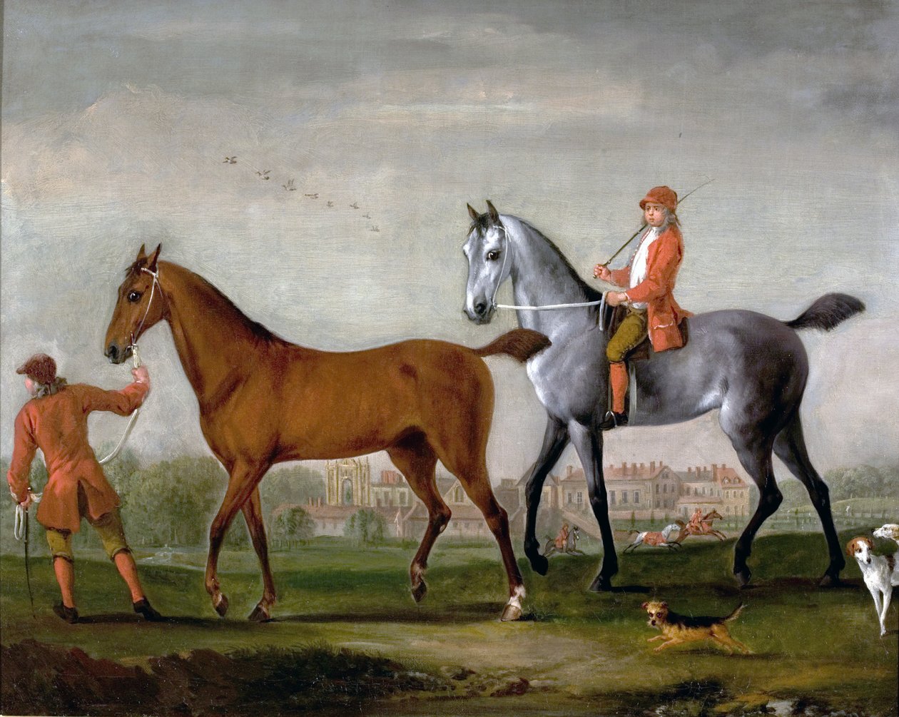 Two Racehorses with Grooms and Hounds in the Park at Newstead Abbey, Nottinghamshire by Peter Tillemans