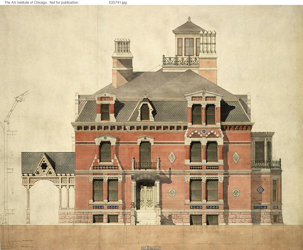 Eliphalet W. Blatchford House, Chicago, Illinois, LaSalle Street Elevation and Partial Section by Peter Bonnett Wight