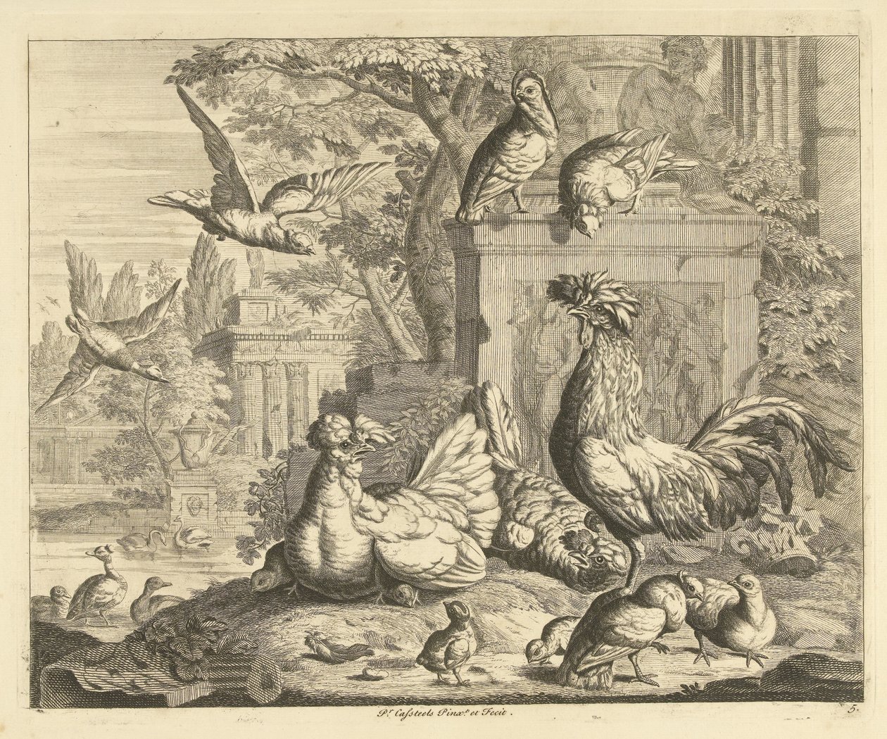 Rooster, Hen with Chicks, and Other Birds in a Garden with Ancient Ruins by Peter Casteels (III)