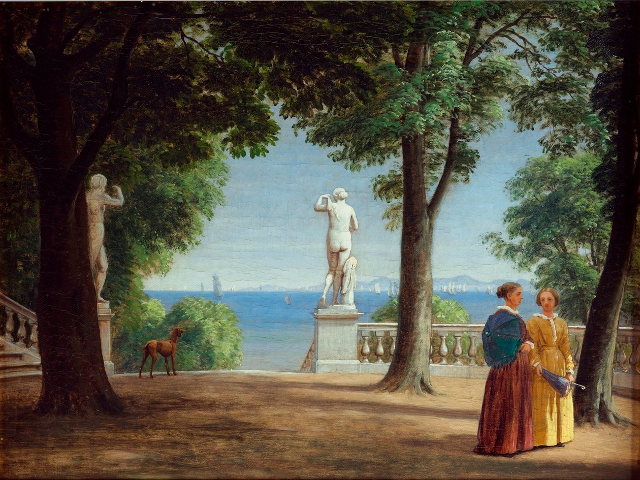 View towards Kullen from a garden terrace with statues by Peter Christian Skovgaard