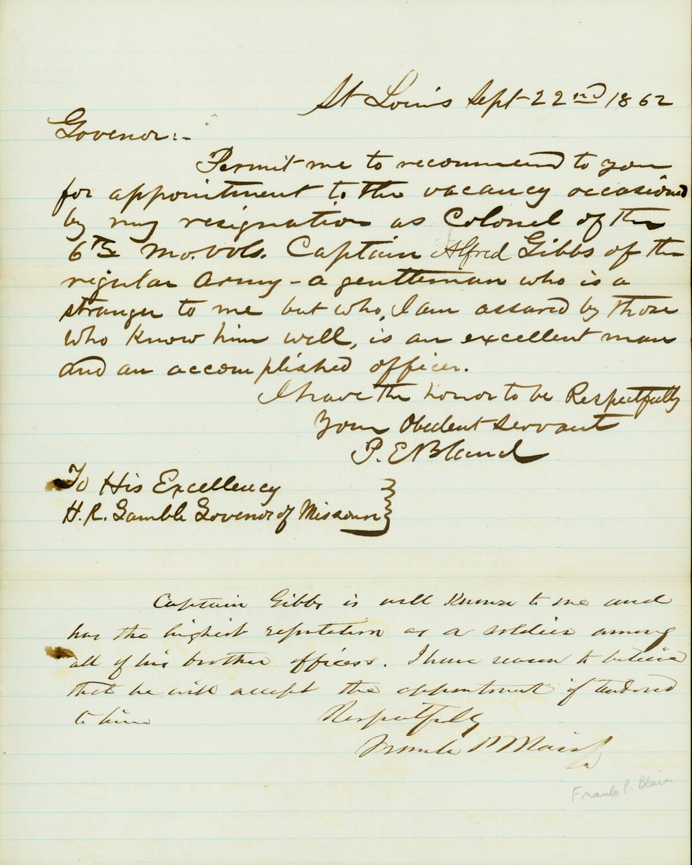 Letter signed P.E. Bland, St. Louis, to H.R. Gamble, Governor of Missouri, September 22, 1862 by Peter E. Bland