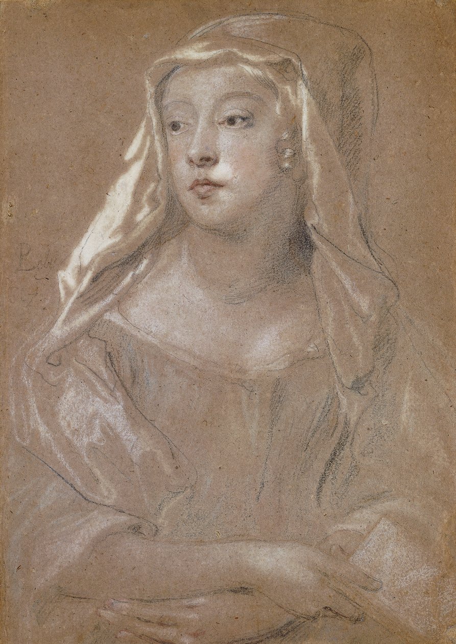Portrait of a Young Lady, traditionally identified as Sarah Jennings, Duchess of Marlborough, half length, Holding a Book, Her Hands Crossed on her Lap, her Head-Dress Draped upon her Shoulders, 1667 by Peter Lely