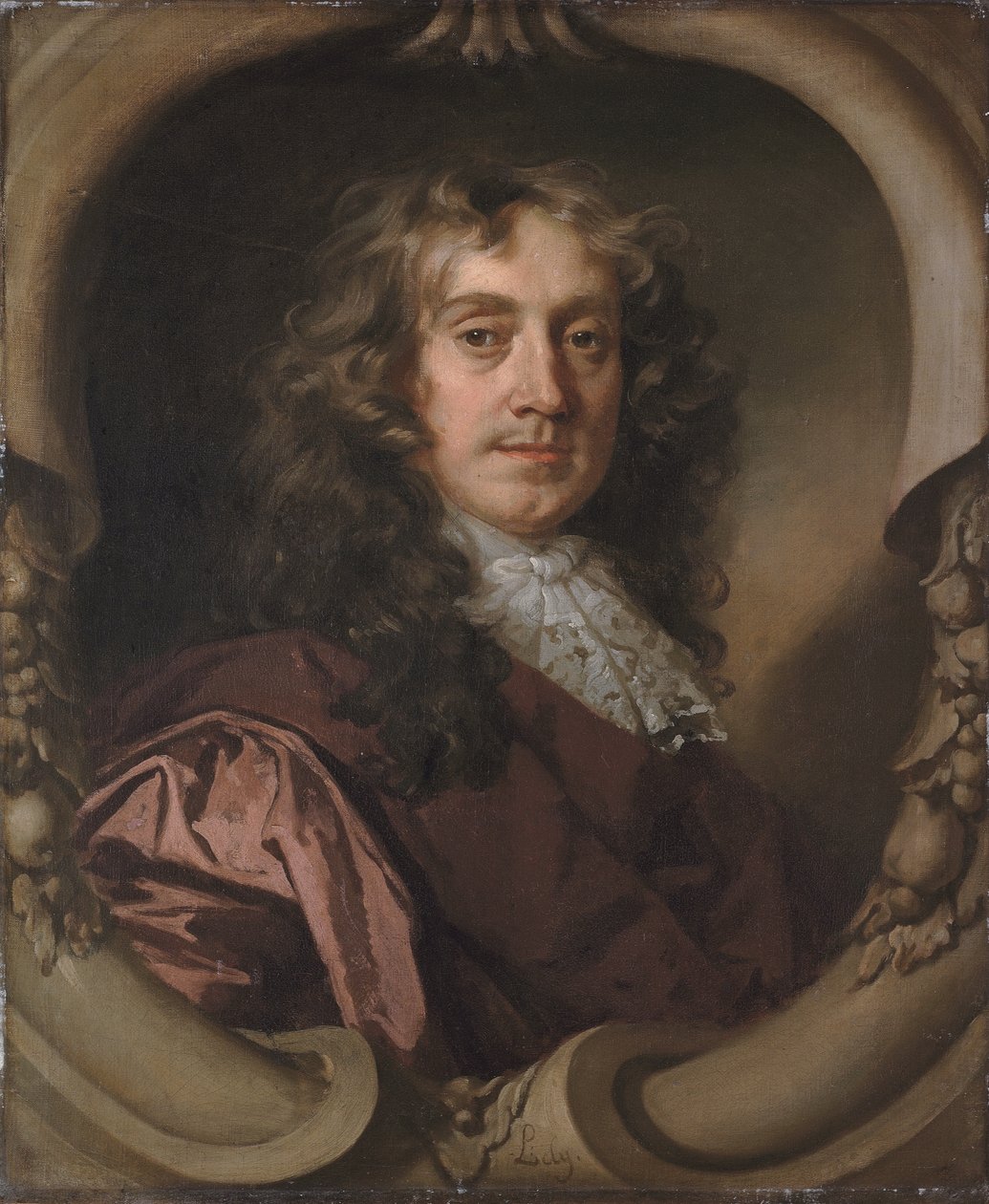 Portrait of a Gentleman, Half-Length, in a Brown Coat and Mechlin Lace Cravat, in a Sculpted Cartouche by Peter Lely