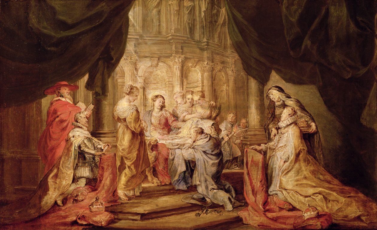 Mary Giving Ildefonso, Archbishop of Toledo the Vestment, with the Arch Duke Albrecht VII and His Patron Saint Albert of Lowen on the Left and the Infanta Isabella Claira Eugenia and Her Patron Saint Elizabeth of Hungary on the Left by Peter Paul Rubens