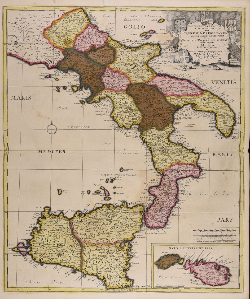 Southern Part of Italy or Kingdom of Naples, Obedient to Spain, Divided into Districts, Lands, and Principalities, with Sicily and Malta by Peter Schenk the Elder