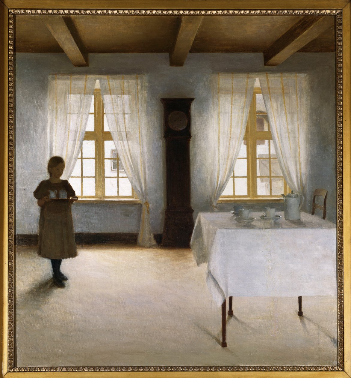 An Interior with a Young Girl Serving Tea by Peter Vilhelm Ilsted