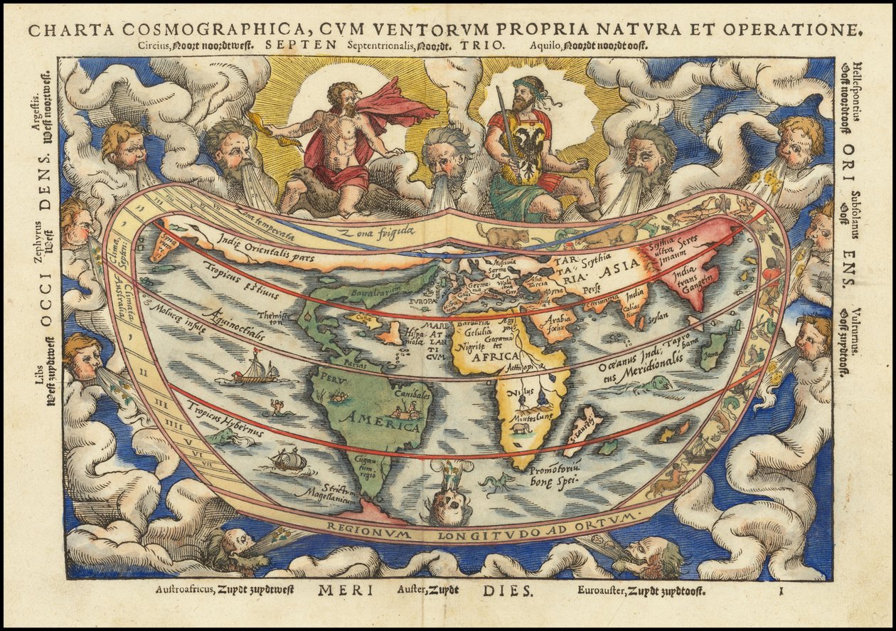 1553 World Map - Charta Cosmographica, With the Nature and Operation of Winds by Petrus Apianus