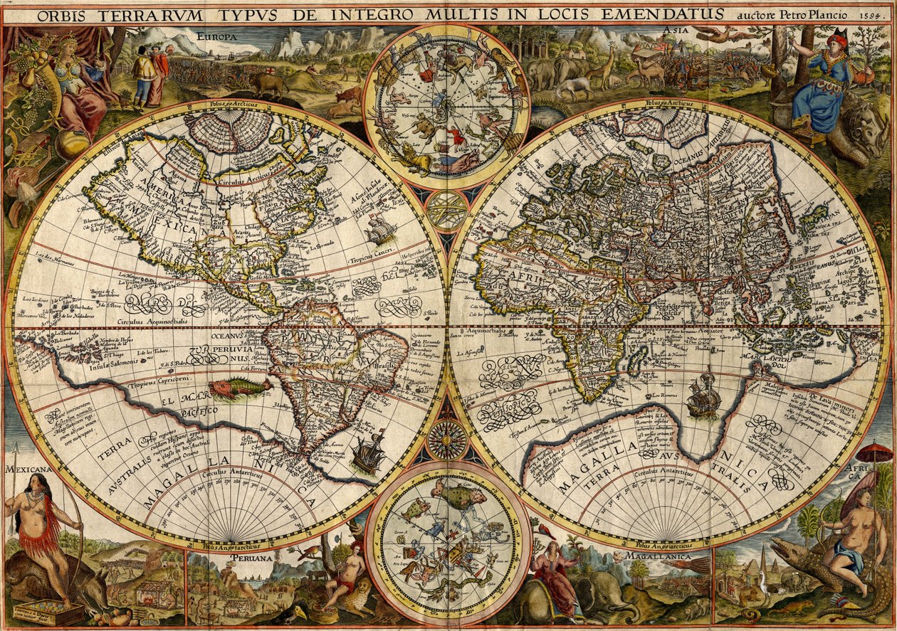 Orbis Terrarum Typus... (Double Hemispheric World Map) by Petrus & Doetichum Jan van younger Plancius