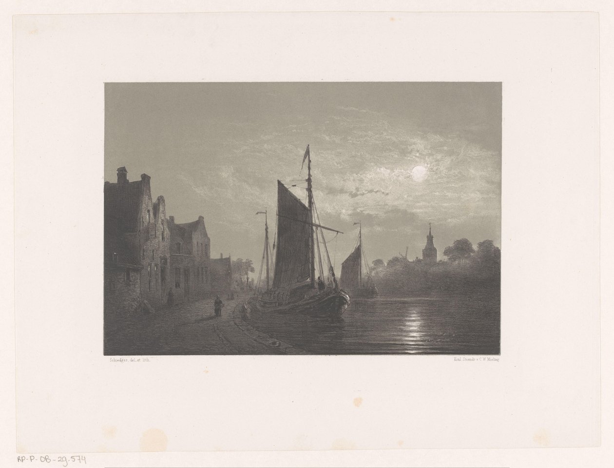 Sailboats Along a Quay by Moonlight by Petrus Paulus Schiedges (I)