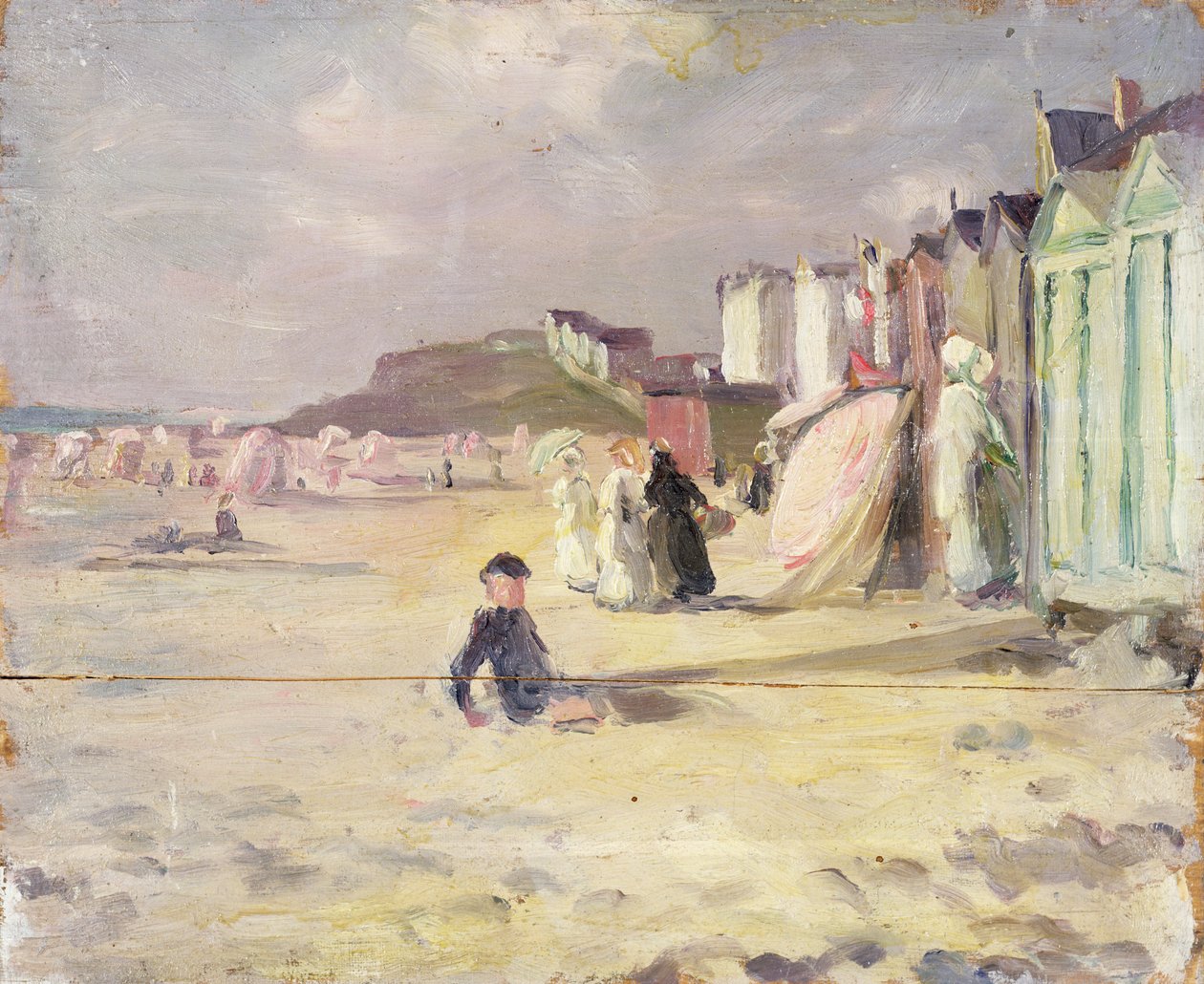 Figures walking beside a line of beach huts by Philip Wilson Steer
