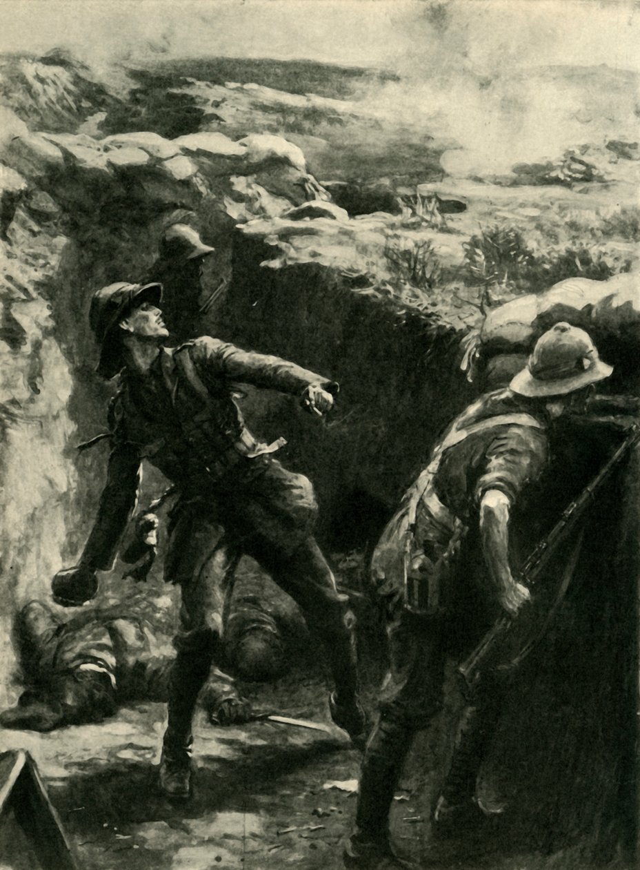 Lieutenant Forshaw Throwing Bombs Continuously, Gallipoli, First World War by Philip Dadd