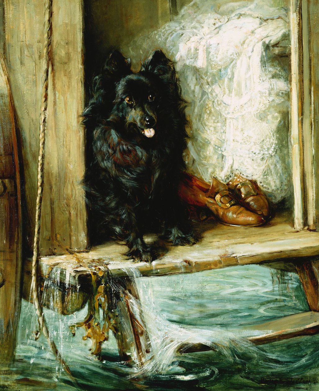Left in Charge - A Black Pomeranian on the Steps of a Bathing Machine by Philip Eustace Stretton