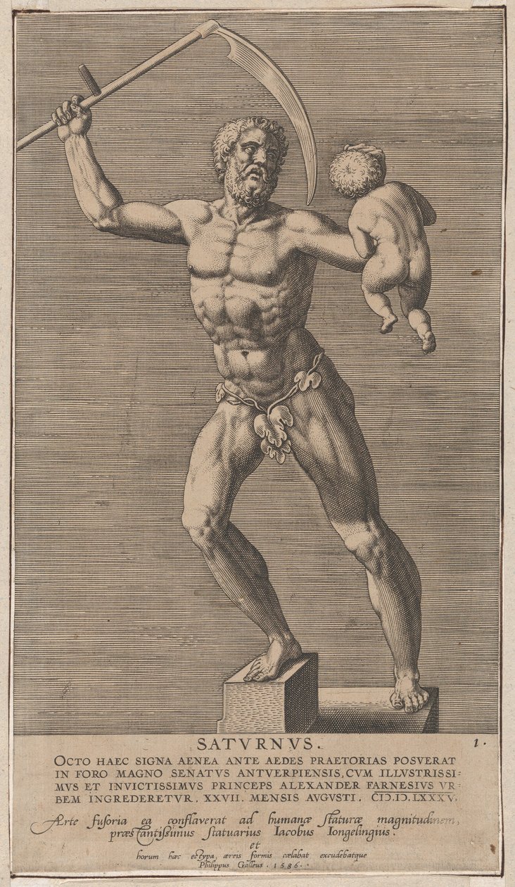 Plate 1: Saturn, statue of the nude god standing on a socle, holding a scythe in his right by Philip Galle