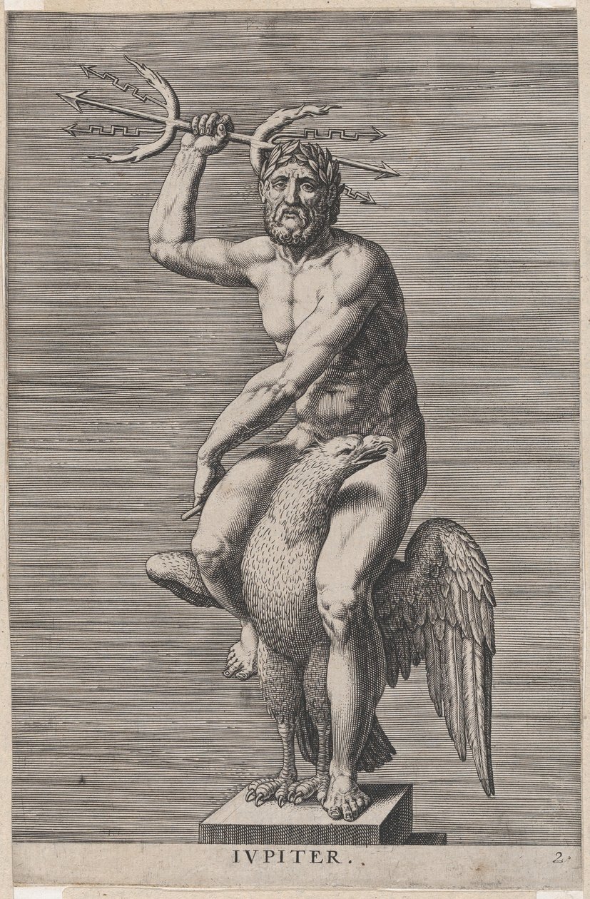 Plate 2: Jupiter, statue of the nude god seated on an eagle, holding a double trident, 1586 by Philip Galle