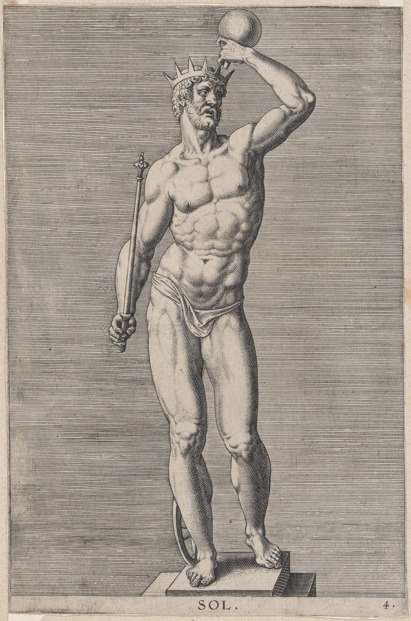 Apollo, statue of the nude god standing on a socle, wearing a crown and holding a... by Philip Galle