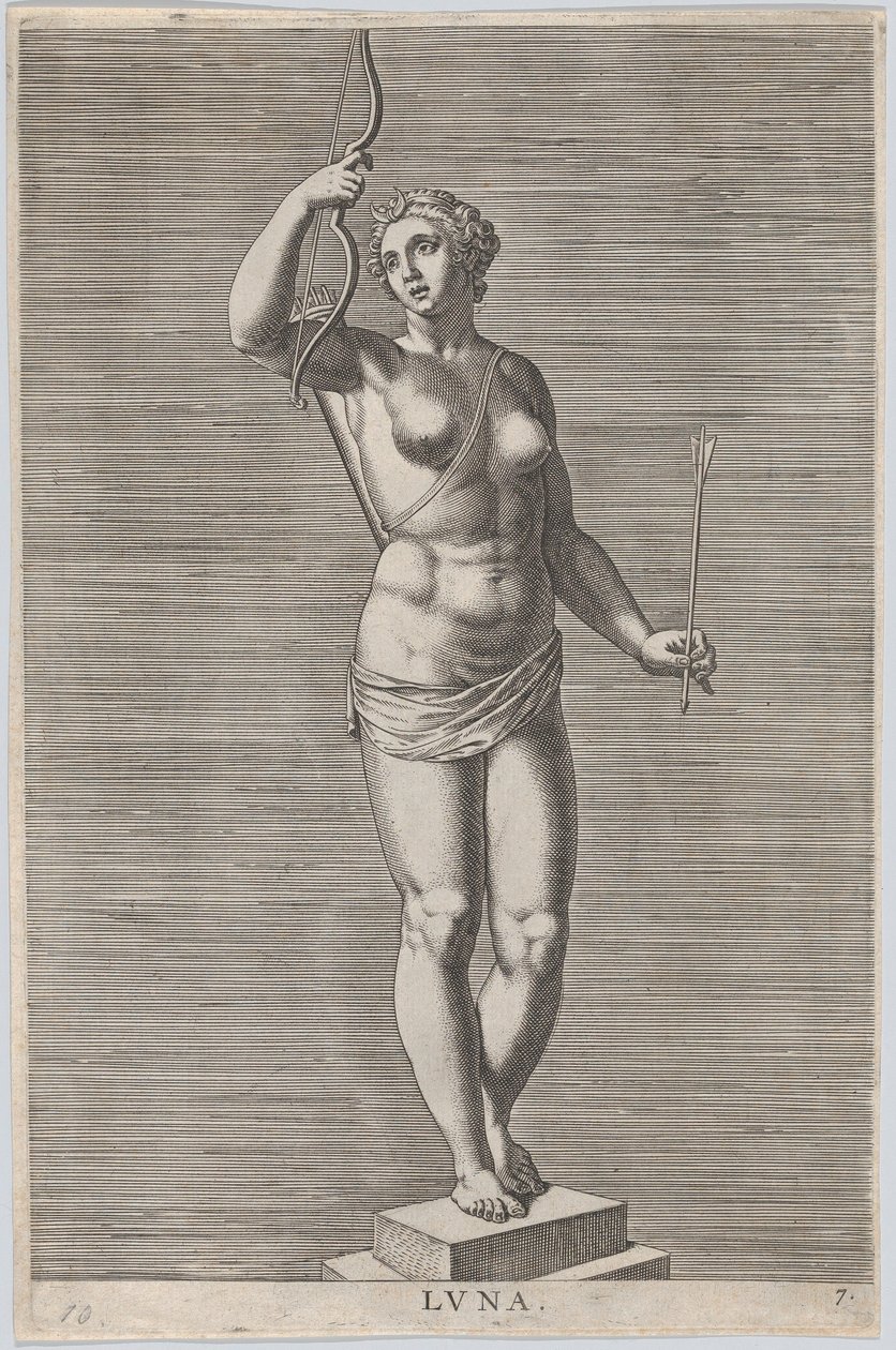 Plate 7: Diana, statue of the nude goddess standing on a socle, wearing a crescent moon, 1586 by Philip Galle
