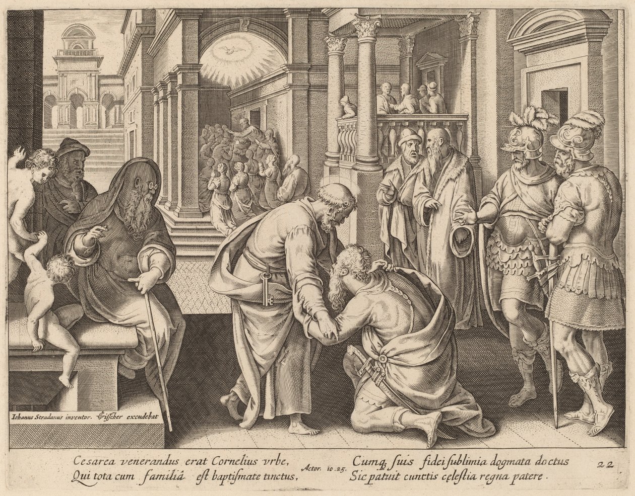 Cornelius Worshipping Saint Peter by Philip Galle after Jan van der Straet