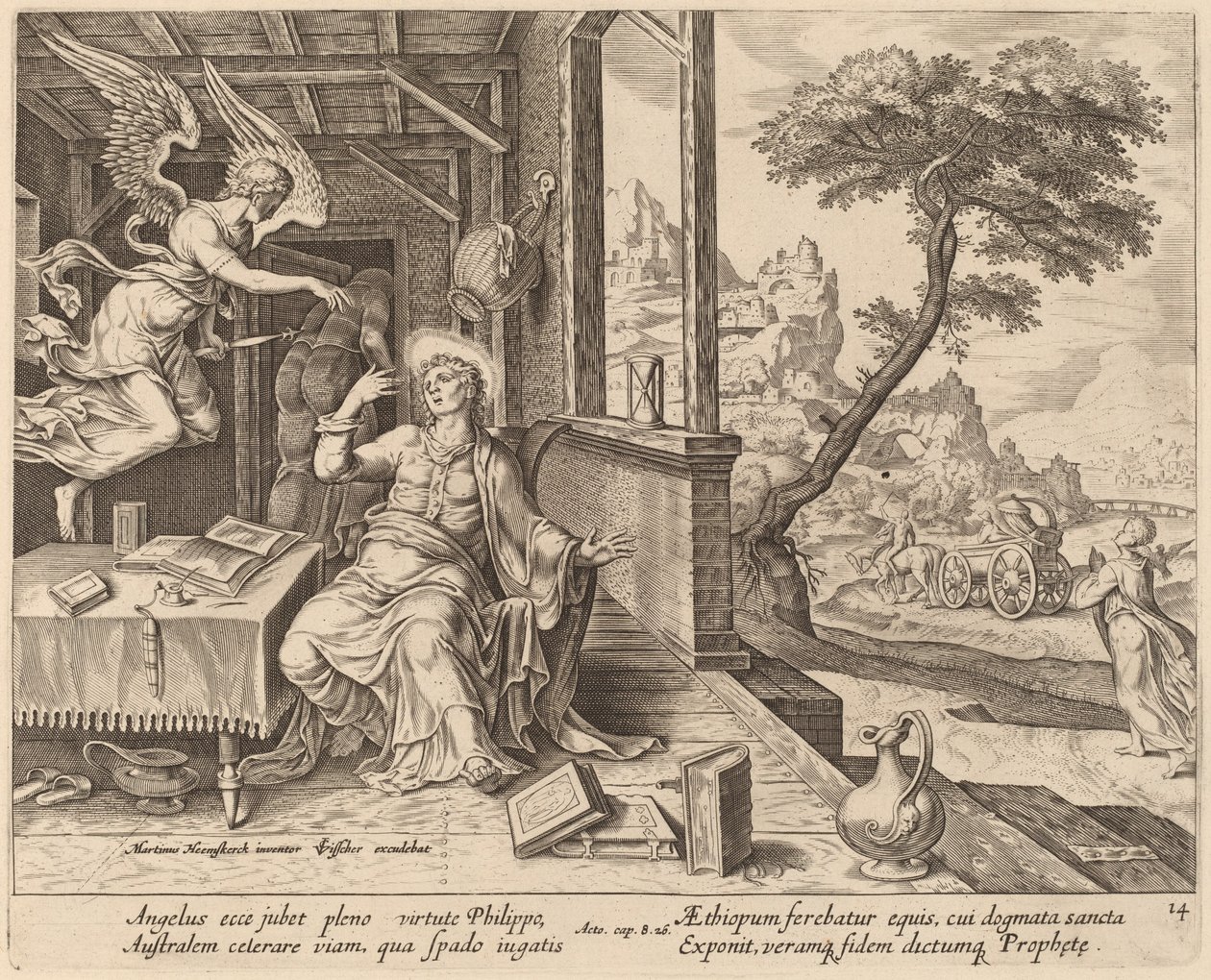The Angel Orders Saint Philip to Accompany the Ethiopian Eunuch by Philip Galle after Maerten van Heemskerck