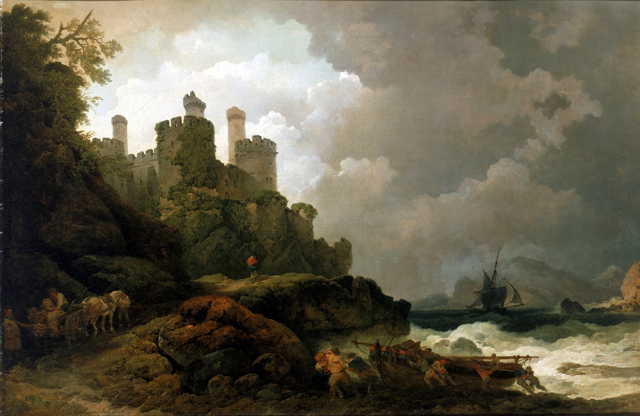 A fishing boat pulled ashore, near Conwy Castle by Philip James de (1740 1812) Loutherbourg