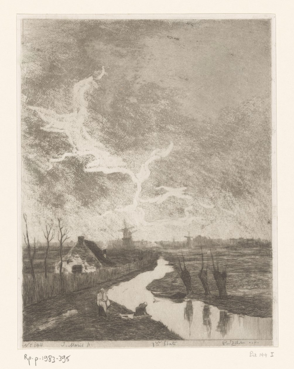 Pastoral Landscape with Ditch, Farm, and Windmills by Philip Zilcken (signed by artist)