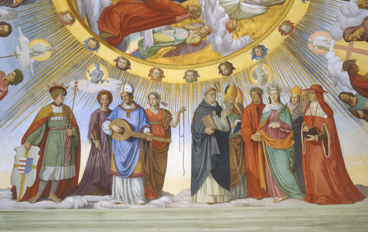 Vault of the room of Dante (detail): Dante, Beatrice, Empress Constance, the Clarissa Piccarda Romeo from Villanova and Emperor Justinian by Philipp Veit