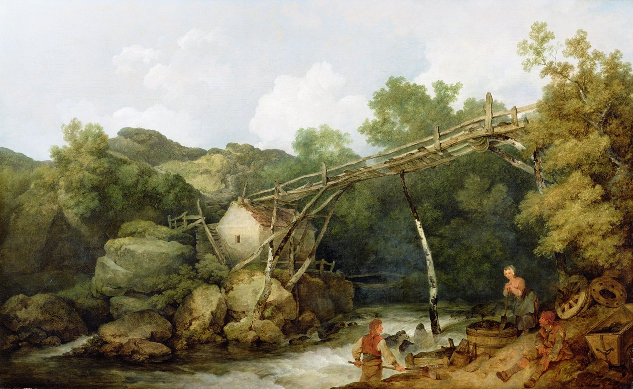 A View near Matlock, Derbyshire with Figures Working beneath a Wooden Conveyor, 1785 by Philippe Jacques de Loutherbourg