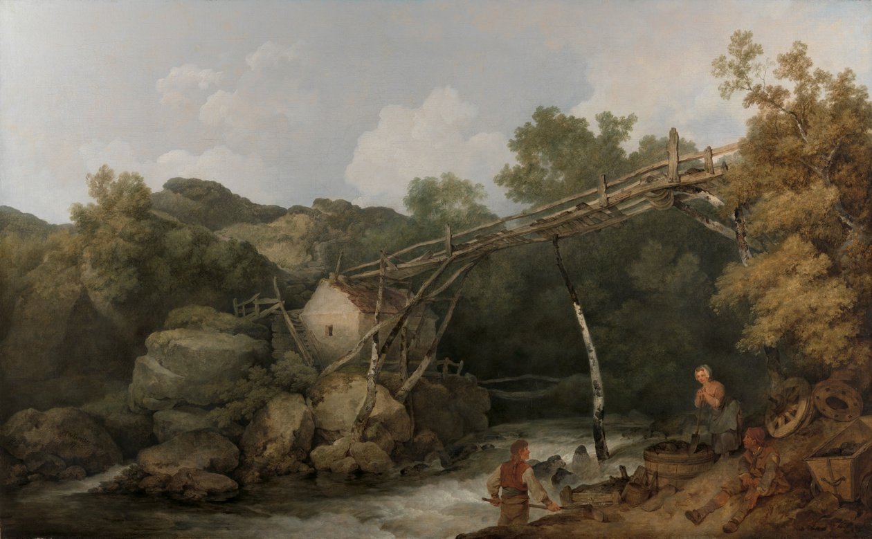 A View Near Matlock, Derbyshire with Figures Working Beneath a Wooden Conveyor by Philippe-Jacques de Loutherbourg