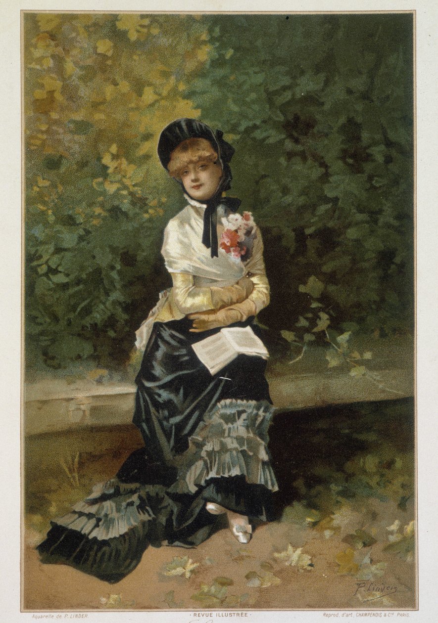 Solitude (single woman sitting on a bench with a book on her knees) by Linder by Philippe Jacques Linder