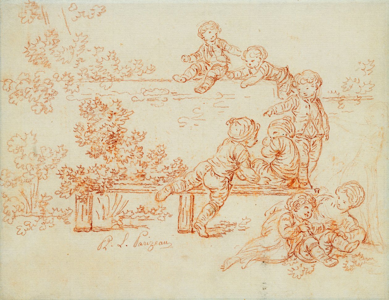 Little Boys Playing and Climbing a Wall by Philippe Louis Parizeau
