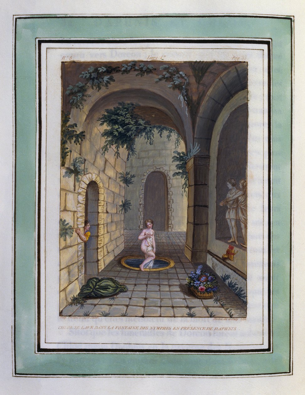 Chloe washes in the fountain of the nymphs in the presence of Daphnis. Drawing by Philippe d