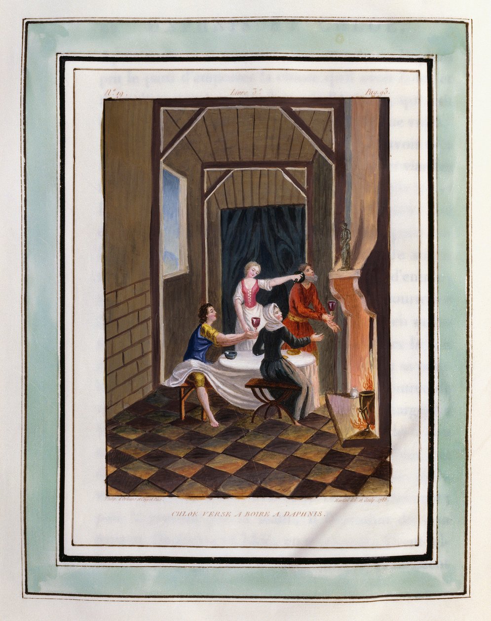 Chloe offers a drink to Daphnis. Drawing by Philippe d