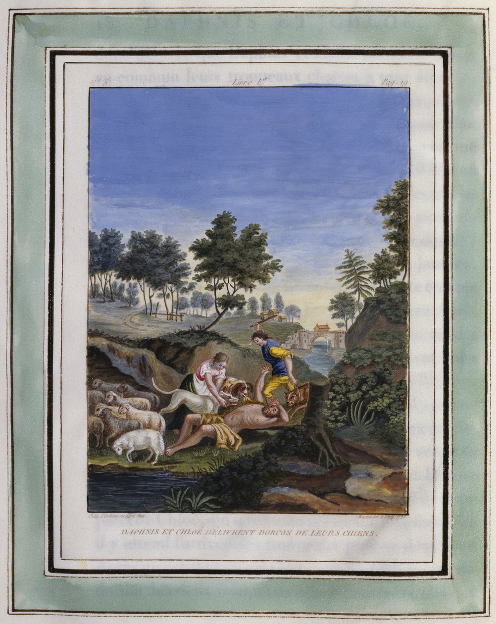 Daphnis and Chloe Deliver Dorcon from Their Dogs. Drawing by Philippe d