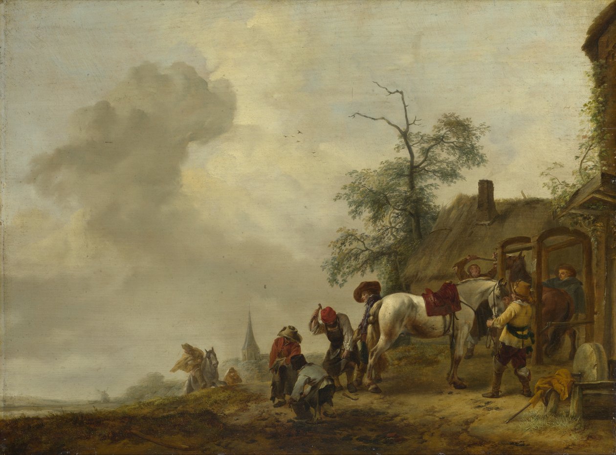 A Horse Being Shod Outside a Village Smithy by Philips Wouwerman