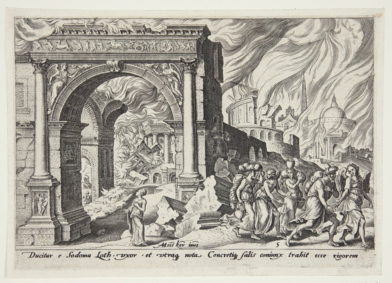 Lot and His Family Leaving the Burning Sodom by Philips Galle