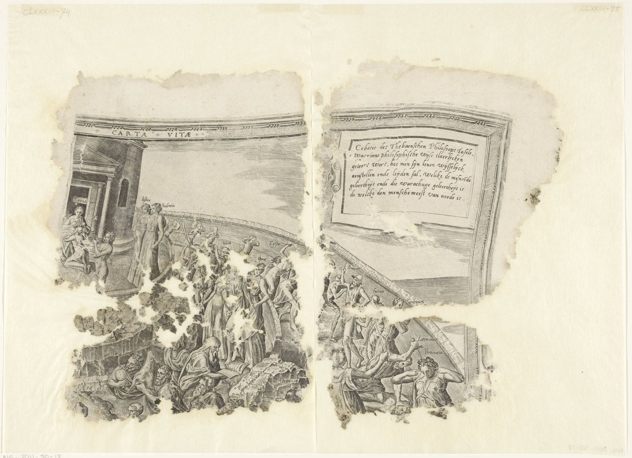 Upper Right Corner of a Print of the Scene of Cebes (Tabula Cebetis Carta Vitae) by Philips Galle
