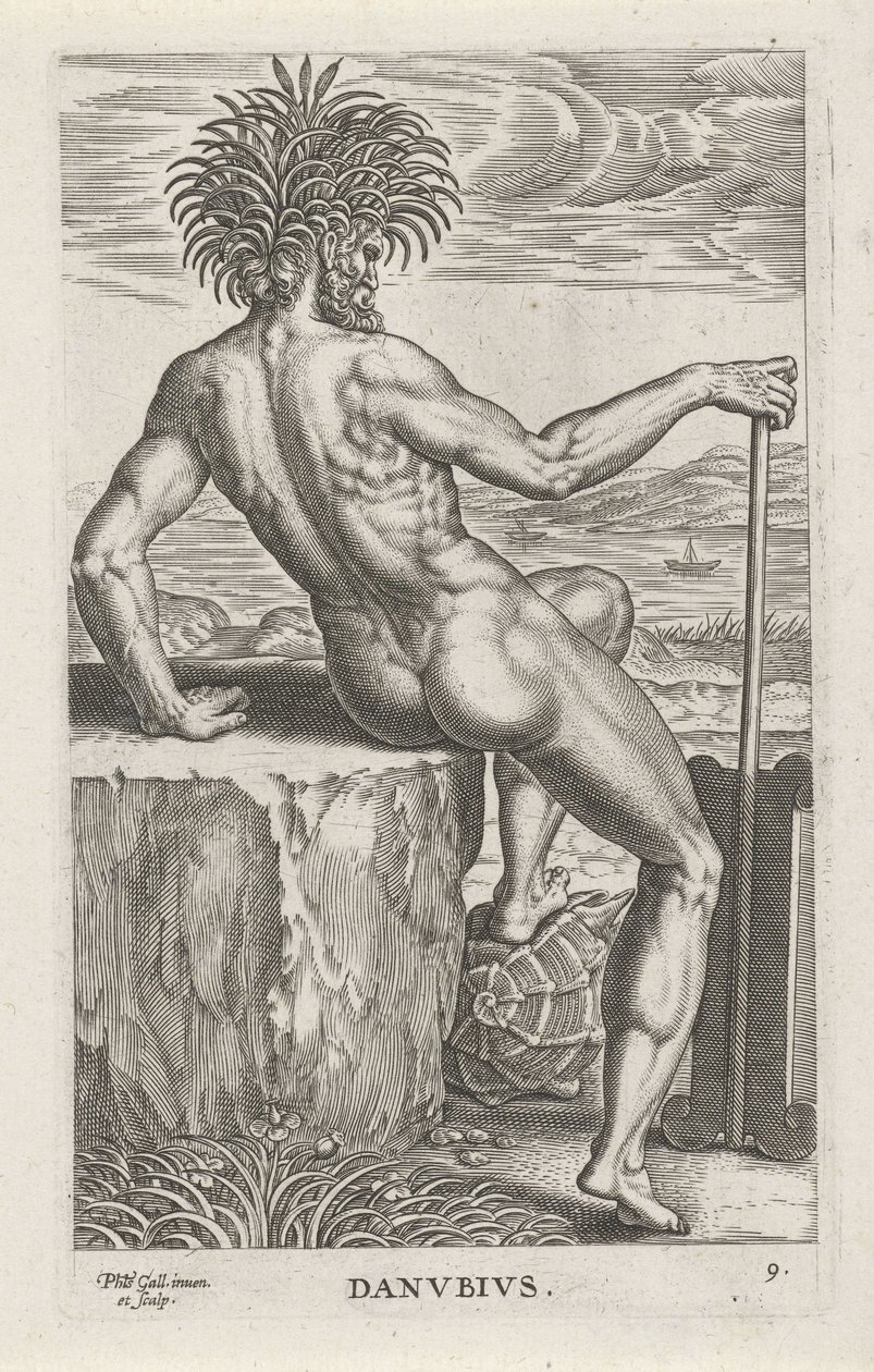 River God Danubius (series: River and Sea Gods, Semideorum Marinorum amnicorumque sigillariae imagines perelegantes) by Philips Galle