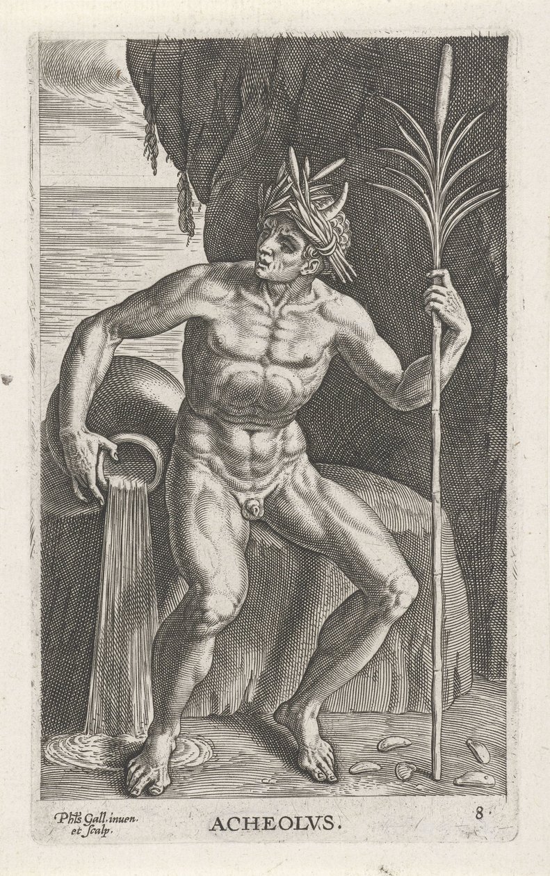 Sea God Achelous (series: River and Sea Gods, Semideorum Marinorum amnicorumque sigillariae imagines perelegantes) by Philips Galle
