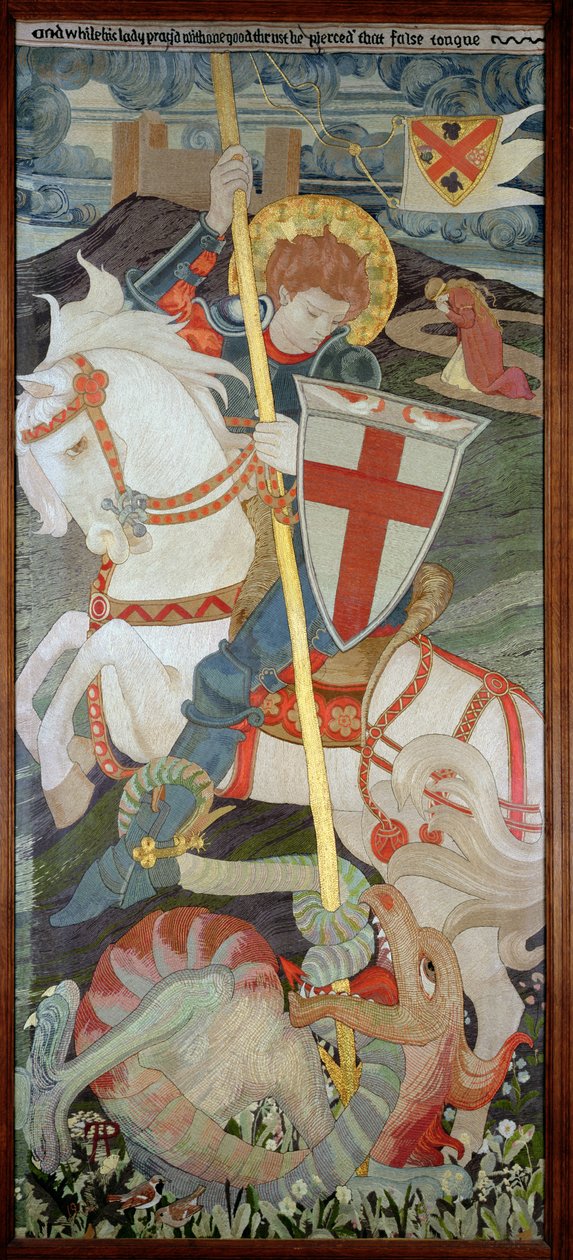 St. George Slaying The Dragon, With Una Praying In Background, 1904 (embroidery) by Phoebe Anna Traquair