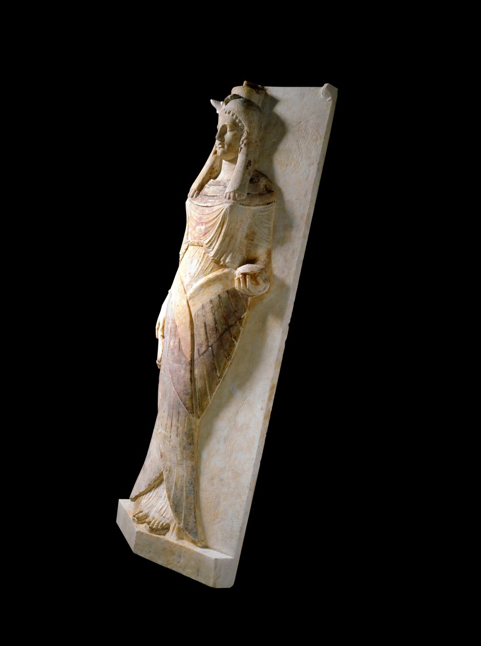 Phenician civilization: sarcophagus cover in marble carved of the representation of a woman (lying). 4th-3rd century BC. Cartagena, Museum, Spain by Phoenician