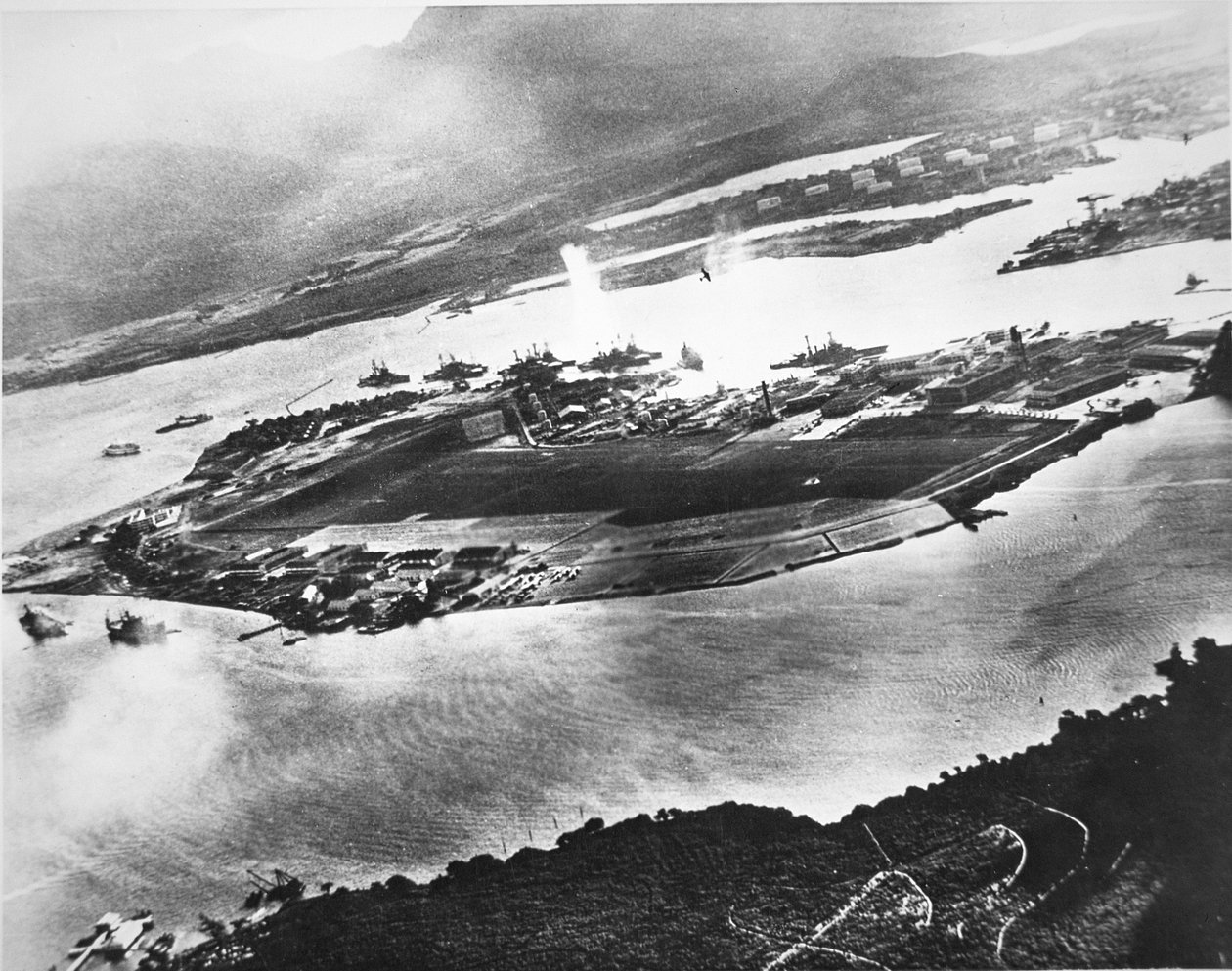Aerial View of Ford Island and Battleship Row, Pearl Harbor, 7th December 1941 by Photographer Japanese
