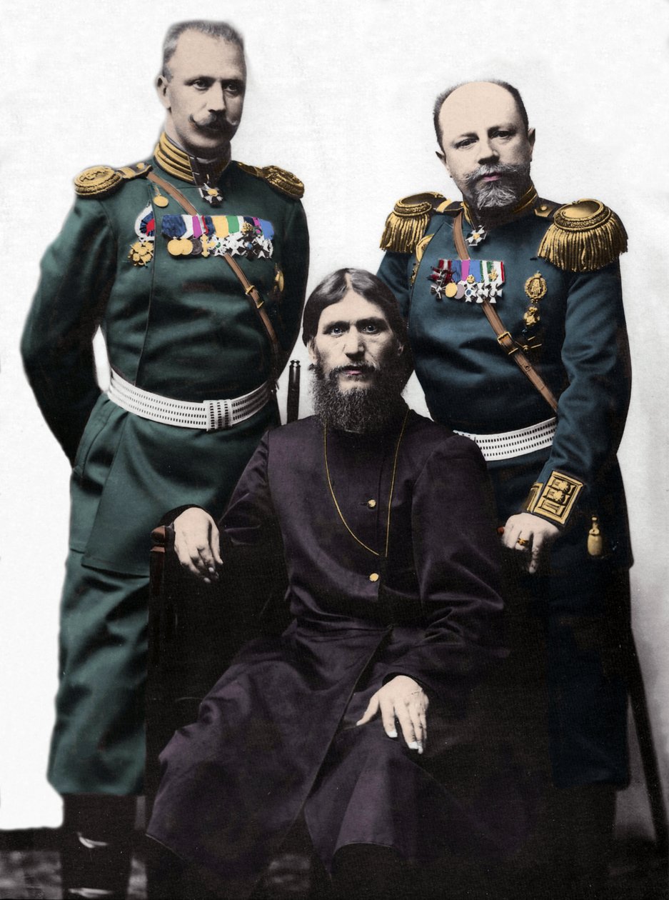Grigory Rasputin with Captain von Lohman, and Prince Colonel Putyatin by Photographer Russian