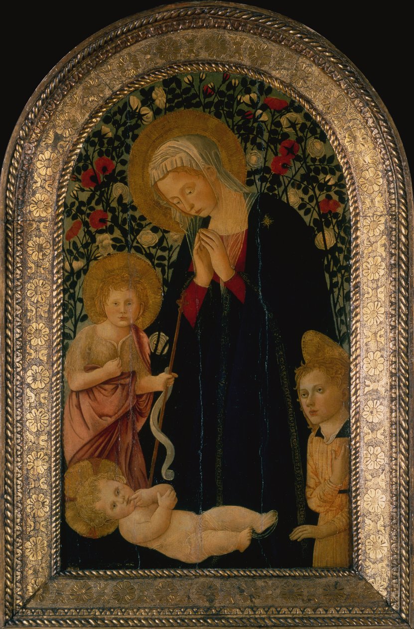 The Madonna Adoring the Child with the Infant Saint John the Baptist, Angel and Rose Hedge behind by Pier Francesco Fiorentino