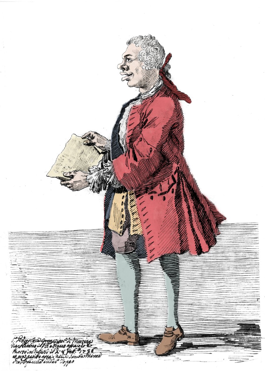 Cartoon by Giovanni Battista Pergolesi. Drawing by Pier Leone Ghezzi which reports that the composer suffered from a handicap in one leg and was lame. 1736. by Pier Leone Ghezzi
